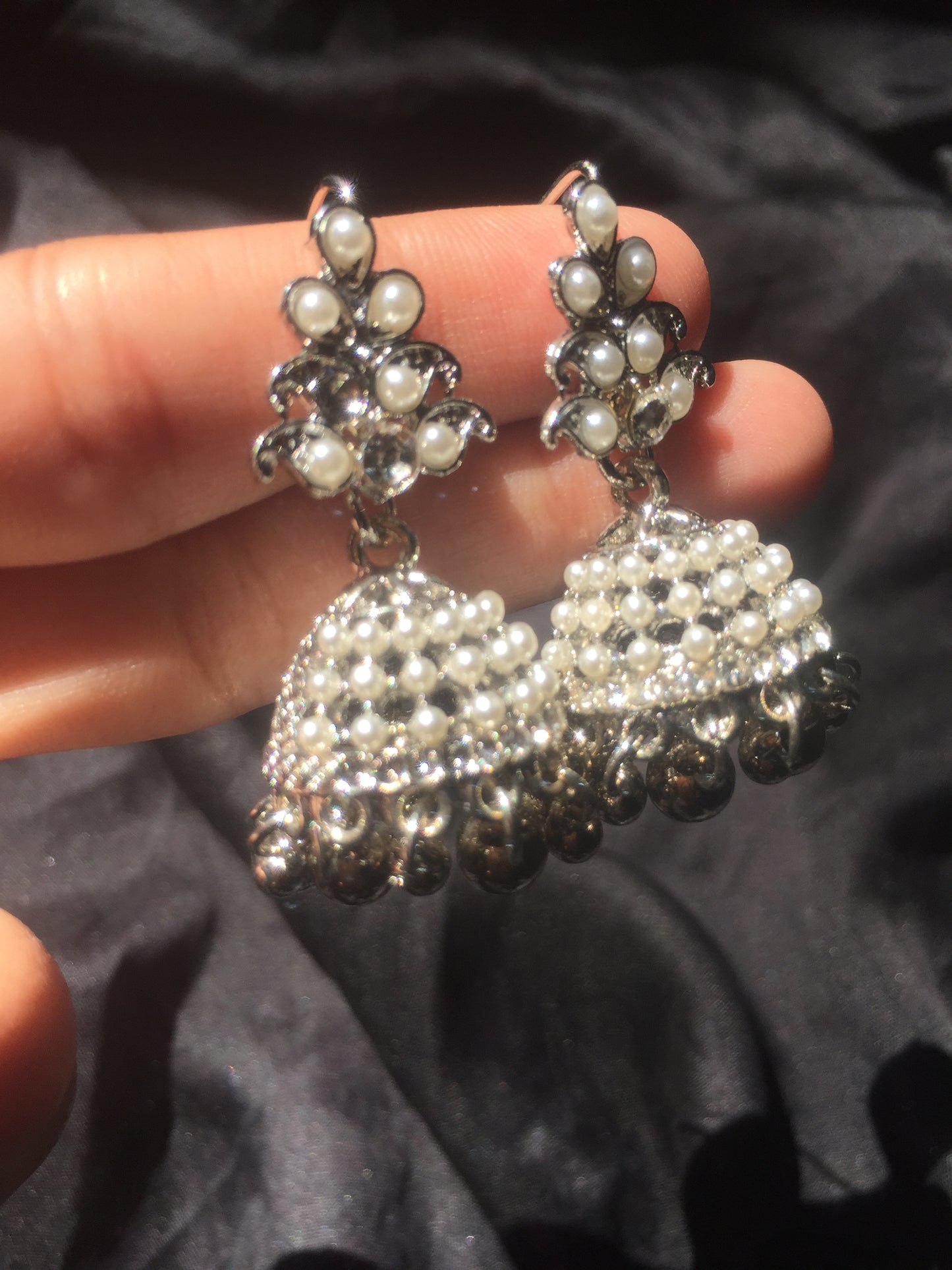 Pearl & Silver Jhumka Earrings