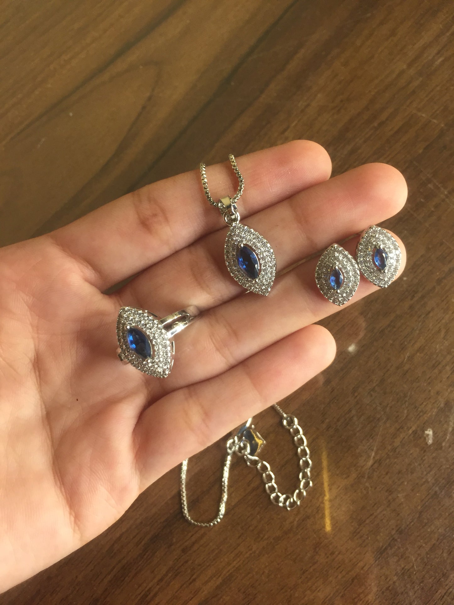 Blue Stone Silver Jewelry Set (Ring, Pendant & Earrings)