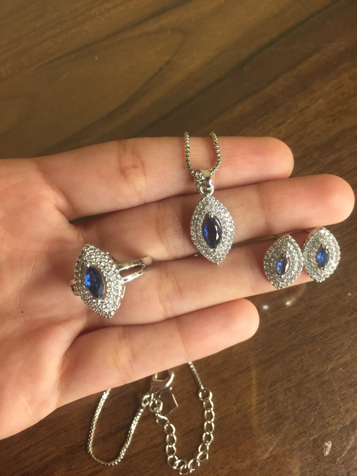 Blue Stone Silver Jewelry Set (Ring, Pendant & Earrings)
