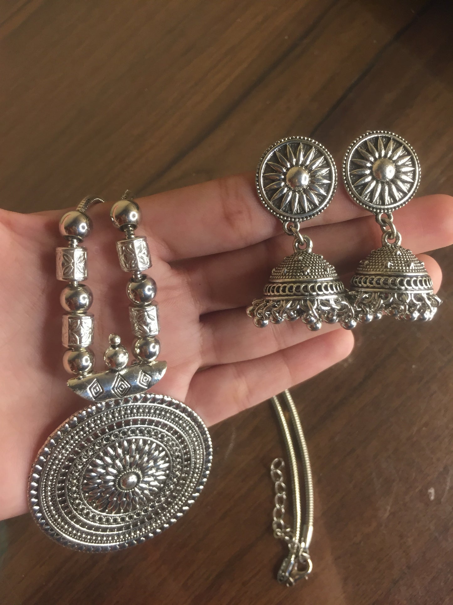 Oxidized Silver Pendant Necklace with Matching Jhumka Earrings