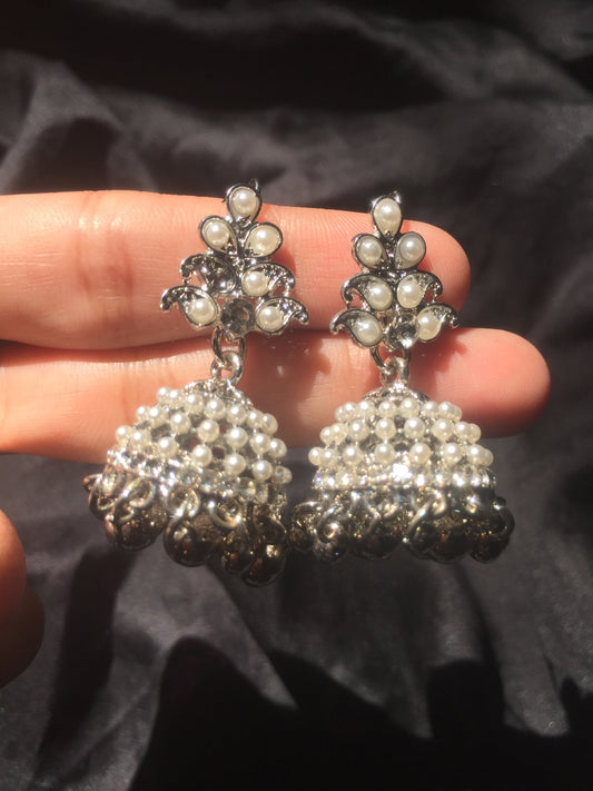 Pearl & Silver Jhumka Earrings