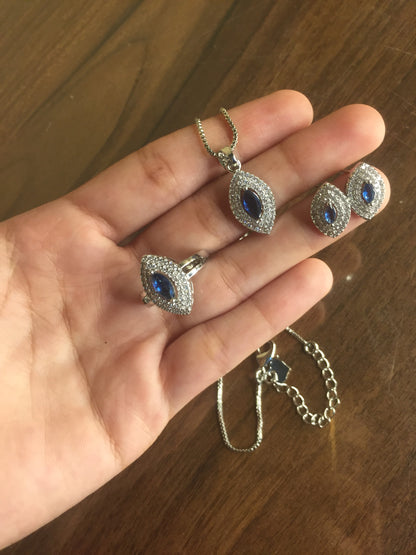 Blue Stone Silver Jewelry Set (Ring, Pendant & Earrings)