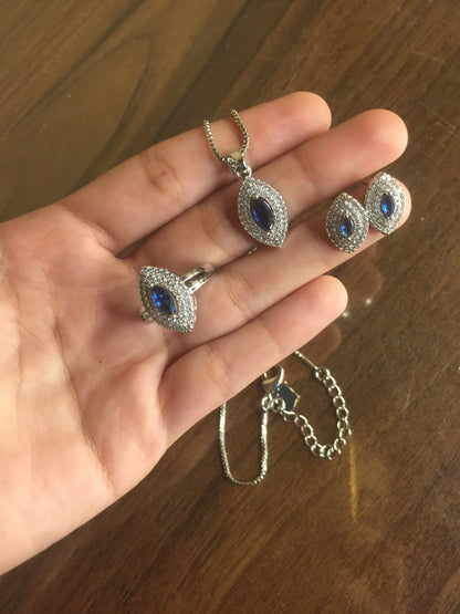 Blue Stone Silver Jewelry Set (Ring, Pendant & Earrings)