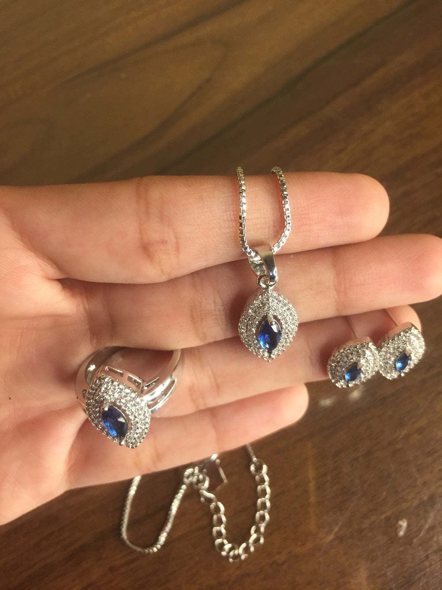 Blue Stone Silver Jewelry Set (Ring, Pendant & Earrings)