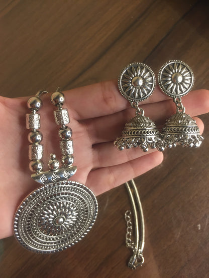 Oxidized Silver Pendant Necklace with Matching Jhumka Earrings