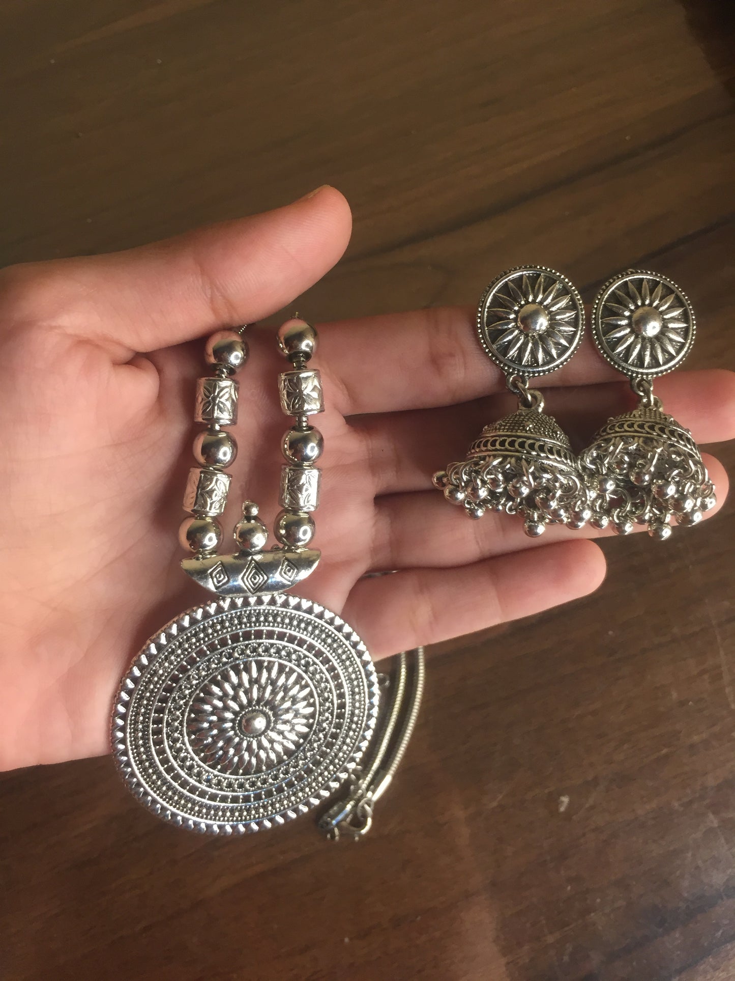 Oxidized Silver Pendant Necklace with Matching Jhumka Earrings