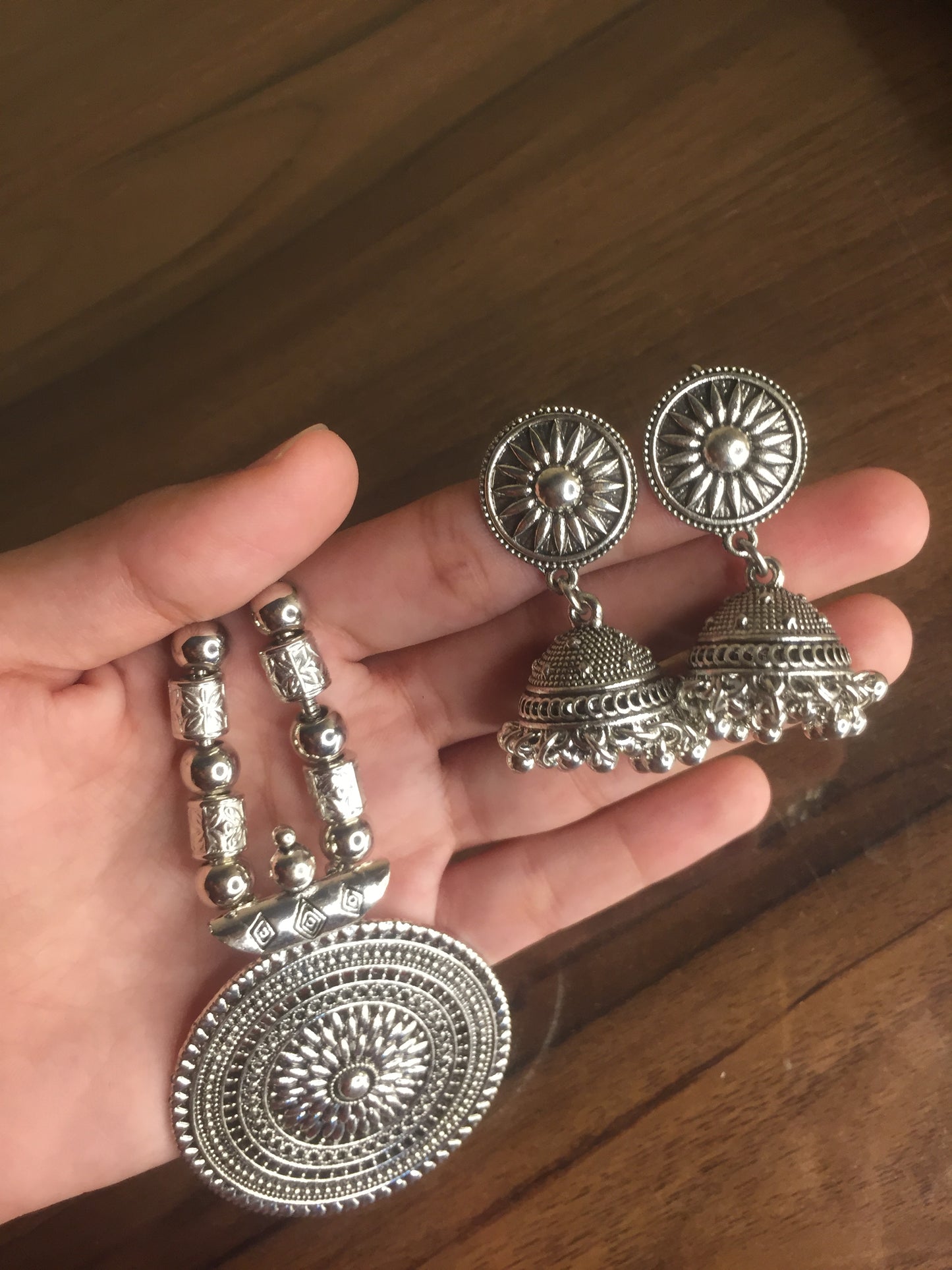 Oxidized Silver Pendant Necklace with Matching Jhumka Earrings