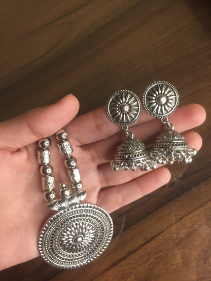 Oxidized Silver Pendant Necklace with Matching Jhumka Earrings
