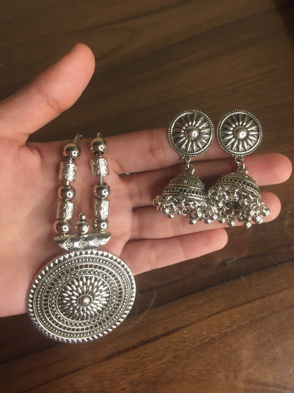 Oxidized Silver Pendant Necklace with Matching Jhumka Earrings